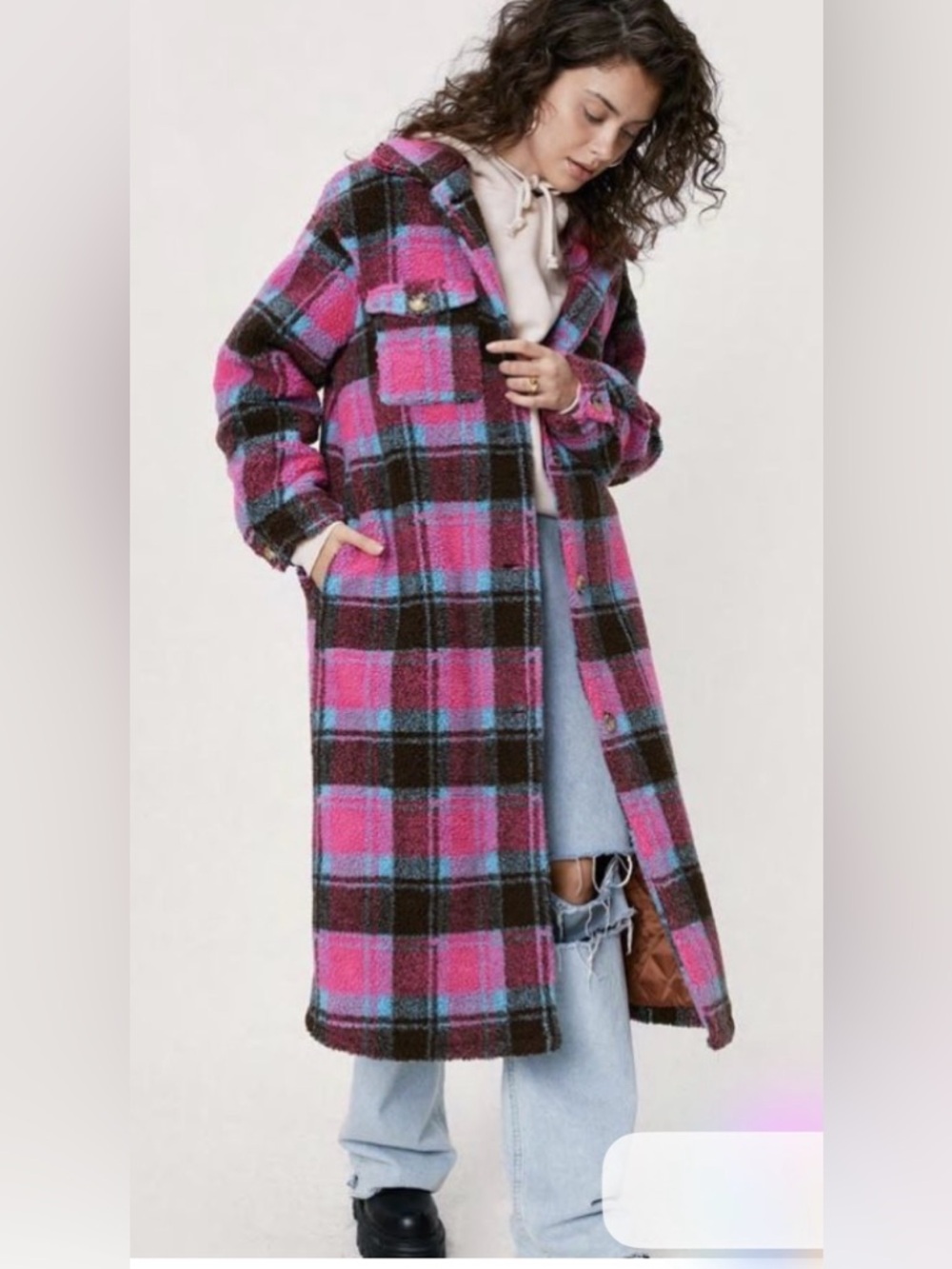 Nastygal Pink Plaid Sherpa Teddy Shacket Maxi Size 10